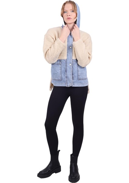 9063 Kapüşonlu Kot Detay Peluş Mont Taş modelleri