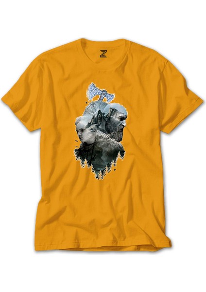 God Of War Ragnarok Atreus Kratos Siluet Sarı Tişört