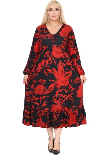 Butik Kışlık Robalı Yumoş Uzun Kollu Kırmızı Yaprak Desenli Cepli Elbise fiyatları