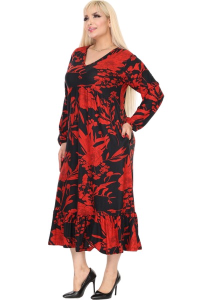 Butik Kışlık Robalı Yumoş Uzun Kollu Kırmızı Yaprak Desenli Cepli Elbise modelleri