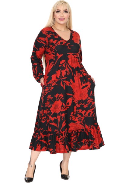 Butik Kışlık Robalı Yumoş Uzun Kollu Kırmızı Yaprak Desenli Cepli Elbise fırsatları