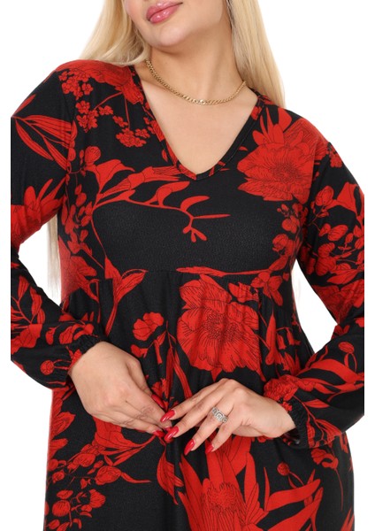 Butik Kışlık Robalı Yumoş Uzun Kollu Kırmızı Yaprak Desenli Cepli Elbise indirimleri