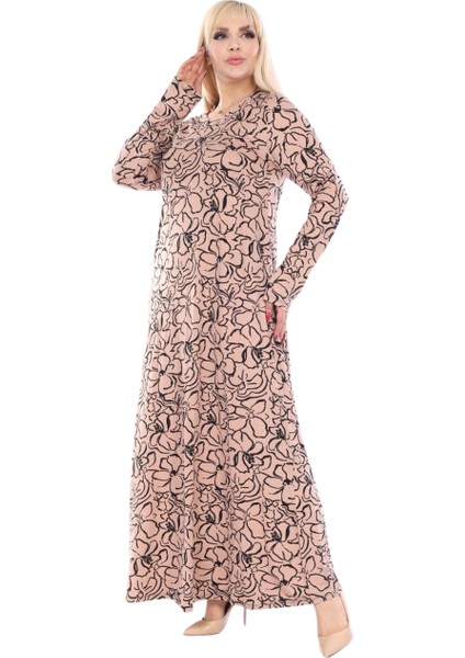 Butik Yumoş Kumaş Somon Çiçek Desen Uzun Kollu Kadın Tesettür Elbise fiyatları