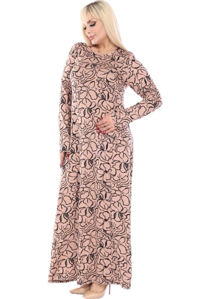 Butik Yumoş Kumaş Somon Çiçek Desen Uzun Kollu Kadın Tesettür Elbise modelleri