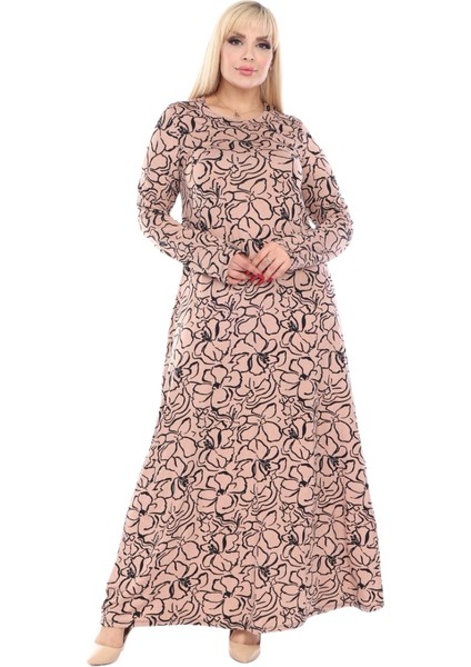 Butik Yumoş Kumaş Somon Çiçek Desen Uzun Kollu Kadın Tesettür Elbise fırsatları