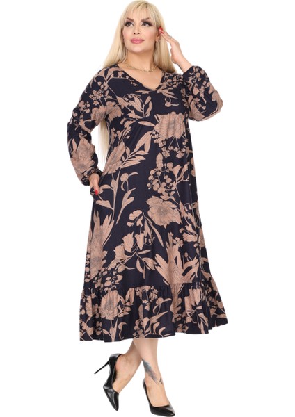 Butik Kışlık Robalı Yumoş Uzun Kollu Lacivert Yaprak Desenli Cepli Elbise fiyatları