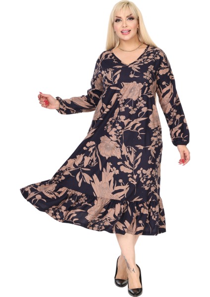 Butik Kışlık Robalı Yumoş Uzun Kollu Lacivert Yaprak Desenli Cepli Elbise modelleri