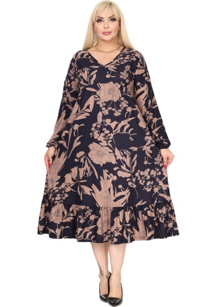 Butik Kışlık Robalı Yumoş Uzun Kollu Lacivert Yaprak Desenli Cepli Elbise fırsatları