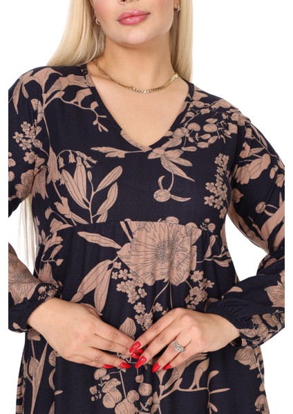 Butik Kışlık Robalı Yumoş Uzun Kollu Lacivert Yaprak Desenli Cepli Elbise indirimleri