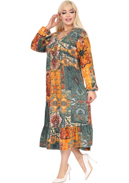 Butik Kışlık Robalı Yumoş Uzun Kollu Sarı Etnik Desen Elbise fiyatları