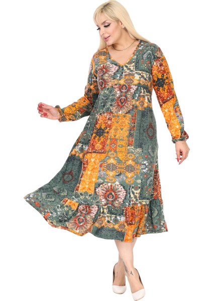 Butik Kışlık Robalı Yumoş Uzun Kollu Sarı Etnik Desen Elbise modelleri