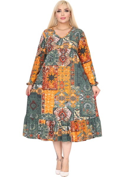 Butik Kışlık Robalı Yumoş Uzun Kollu Sarı Etnik Desen Elbise fırsatları