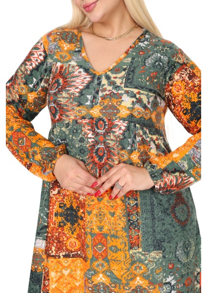 Butik Kışlık Robalı Yumoş Uzun Kollu Sarı Etnik Desen Elbise indirimleri