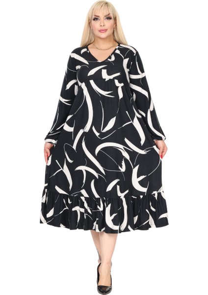 Butik Kışlık Robalı Yumoş Uzun Kollu Siyah Beyaz Tüy Desenli Elbise fiyatları