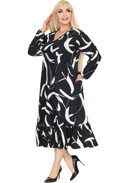 Butik Kışlık Robalı Yumoş Uzun Kollu Siyah Beyaz Tüy Desenli Elbise modelleri