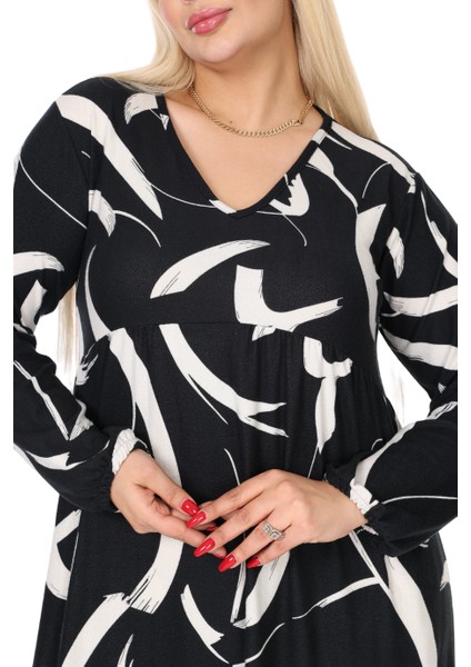 Butik Kışlık Robalı Yumoş Uzun Kollu Siyah Beyaz Tüy Desenli Elbise fırsatları