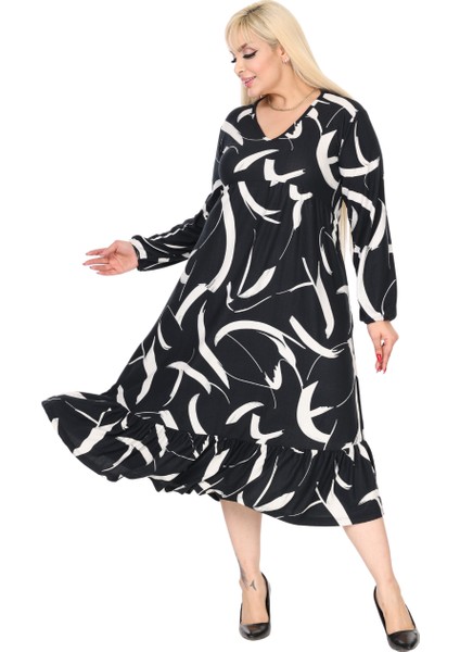 Butik Kışlık Robalı Yumoş Uzun Kollu Siyah Beyaz Tüy Desenli Elbise indirimleri