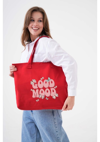 Good Mood Baskılı Kırmızı Yatay Kanvas Çanta