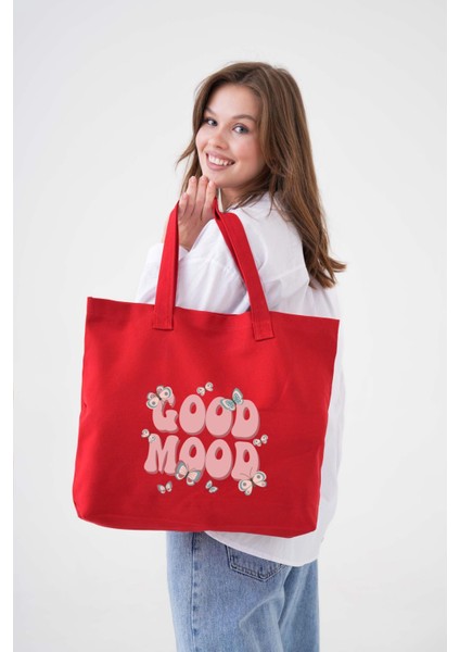 Good Mood Baskılı Kırmızı Yatay Kanvas Çanta fiyatları