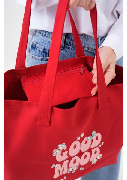 Good Mood Baskılı Kırmızı Yatay Kanvas Çanta modelleri