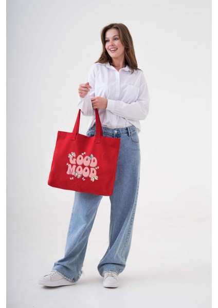 Good Mood Baskılı Kırmızı Yatay Kanvas Çanta indirimleri