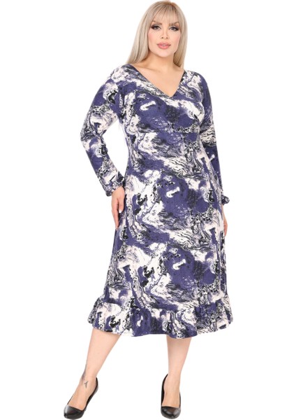 Butik Yumoş Kumaş Kruvaze Yaka Mavi Batik Desen Eteği Fırfırlı Midi Elbise