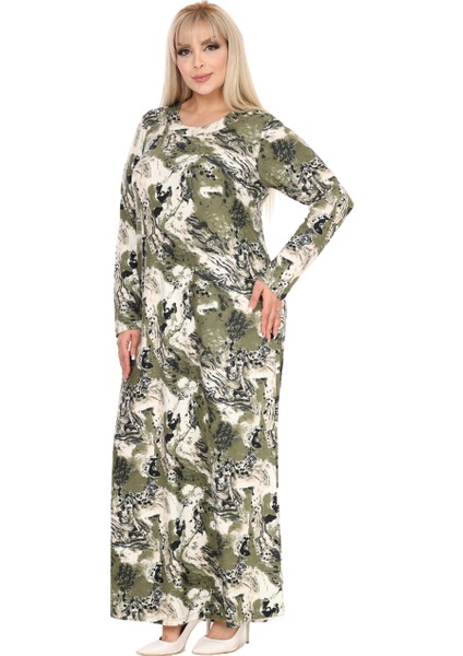 Butik Yumoş Kumaş Yeşil Batik Desen Uzun Kollu Kadın Tesettür Elbise fiyatları