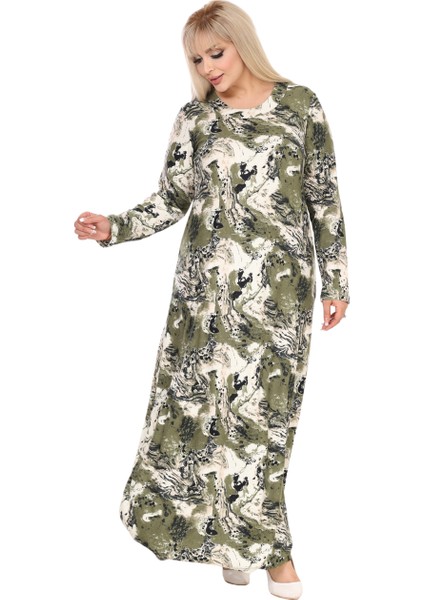 Butik Yumoş Kumaş Yeşil Batik Desen Uzun Kollu Kadın Tesettür Elbise modelleri