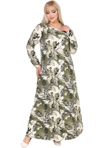 Butik Yumoş Kumaş Yeşil Batik Desen Uzun Kollu Kadın Tesettür Elbise indirimleri