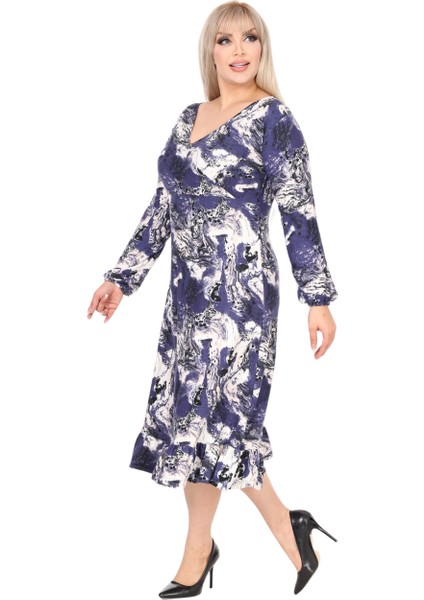 Butik Yumoş Kumaş Kruvaze Yaka Mavi Batik Desen Eteği Fırfırlı Midi Elbise