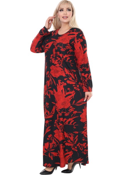 Butik Yumoş Kumaş Kırmızı Tropik Desen Uzun Kollu Kadın Tesettür Elbise fiyatları