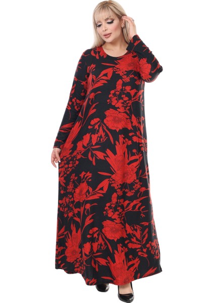 Butik Yumoş Kumaş Kırmızı Tropik Desen Uzun Kollu Kadın Tesettür Elbise fırsatları