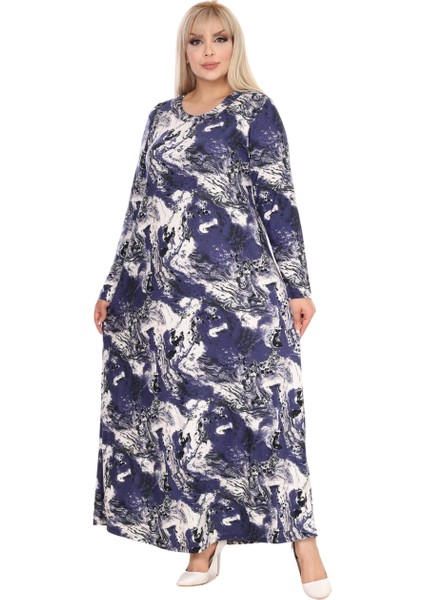 Butik Yumoş Kumaş Mavi Batik Desen Uzun Kollu Kadın Tesettür Elbise fiyatları