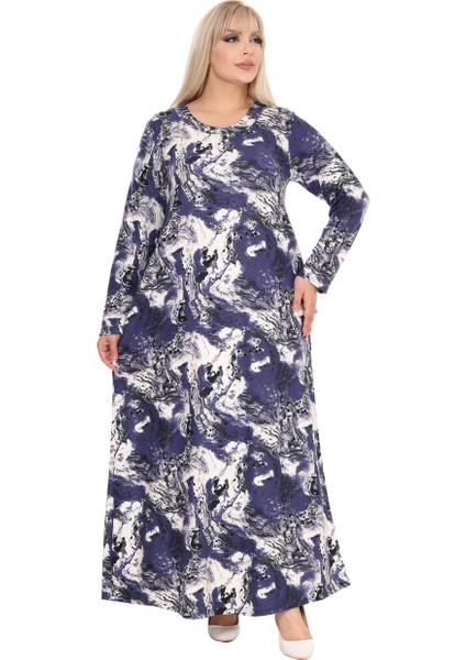 Butik Yumoş Kumaş Mavi Batik Desen Uzun Kollu Kadın Tesettür Elbise fırsatları