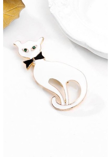 Kedi Figürlü Mine Kaplamalı Kadın Broş Yaka Iğnesi