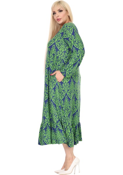 Butik Kışlık Robalı Yumoş Uzun Kollu Yeşil Dantel Desenli Elbise fırsatları