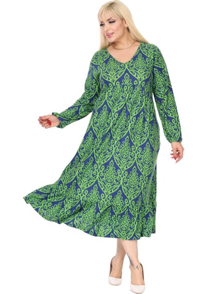 Butik Kışlık Robalı Yumoş Uzun Kollu Yeşil Dantel Desenli Elbise indirimleri