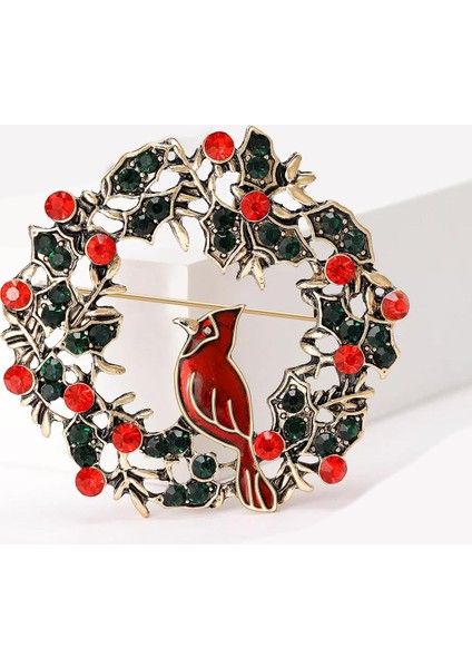 Antik Çelenk Arasında Kardinal Kuşlu Kırmızı Şans Kuşu Özel Taşlı Broş Yaka Iğnesi