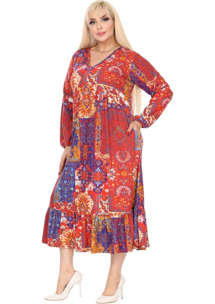Butik Kışlık Robalı Yumoş Uzun Kollu Kırmızı Etnik Desen Elbise fiyatları