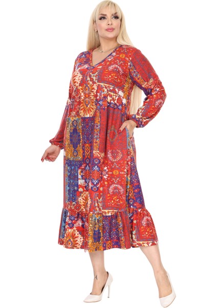 Butik Kışlık Robalı Yumoş Uzun Kollu Kırmızı Etnik Desen Elbise modelleri