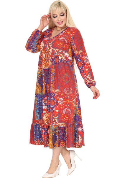 Butik Kışlık Robalı Yumoş Uzun Kollu Kırmızı Etnik Desen Elbise fırsatları