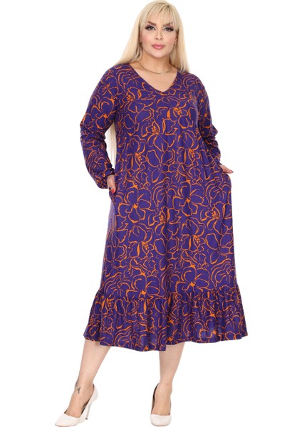 Butik Kışlık Robalı Yumoş Uzun Kollu Mor Çiçek Desenli Elbise modelleri