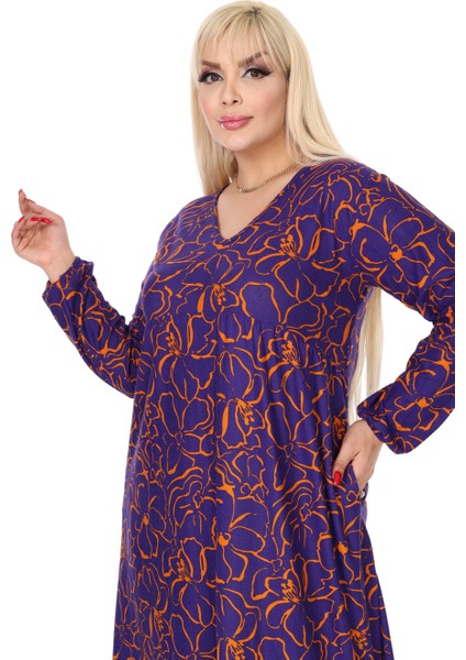 Butik Kışlık Robalı Yumoş Uzun Kollu Mor Çiçek Desenli Elbise indirimleri