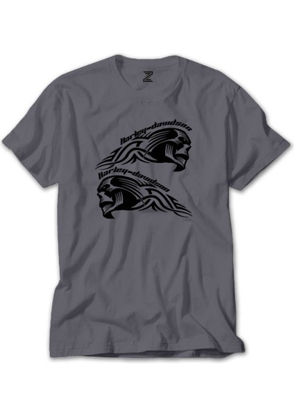 Harley Davidson Skull Text Gri Tişört