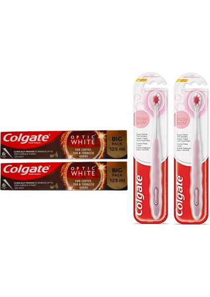 Optic White Kahve Çay ve Tütün Kullanıcıları Macunu 125ML+FOAMSOFT Diş Eti Masajı Fırça 2+2