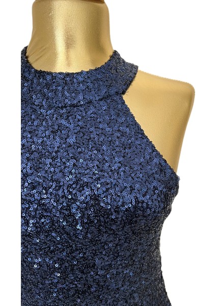 Kadın Lacivert Halter Yaka Boyundan Bağlamalı Pullu Mini Elbise modelleri