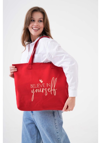 Yourself Baskılı Kırmızı Yatay Kanvas Çanta