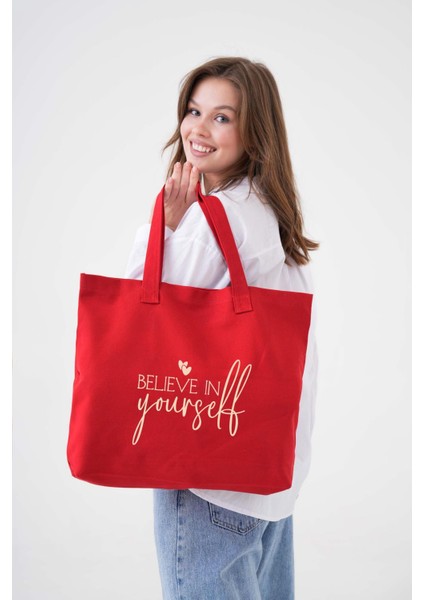 Yourself Baskılı Kırmızı Yatay Kanvas Çanta fiyatları