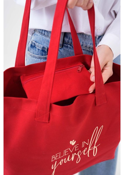 Yourself Baskılı Kırmızı Yatay Kanvas Çanta modelleri
