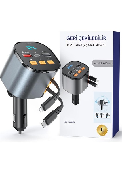 60w Geri Çekilebilir Hızlı Araç Şarj Aleti 4'ü 1 Arada Kablosuz Bluetooth Araç Kiti Araç Şarjı 12-24v Kamyon ve Araba İçin Şarj Aleti